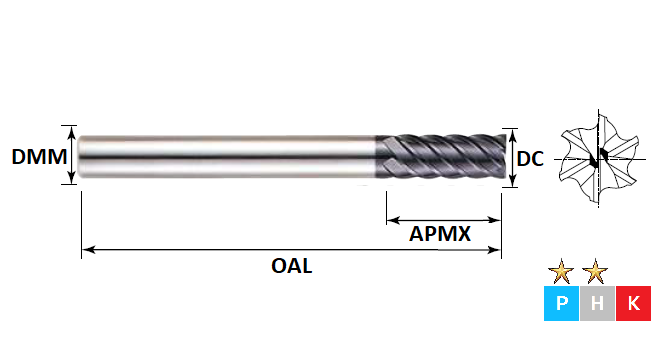 16.0mm 6 Flute 45 Degree Helix Extra Long Series Pulsar Carbide End Mill (Flatted Shank)